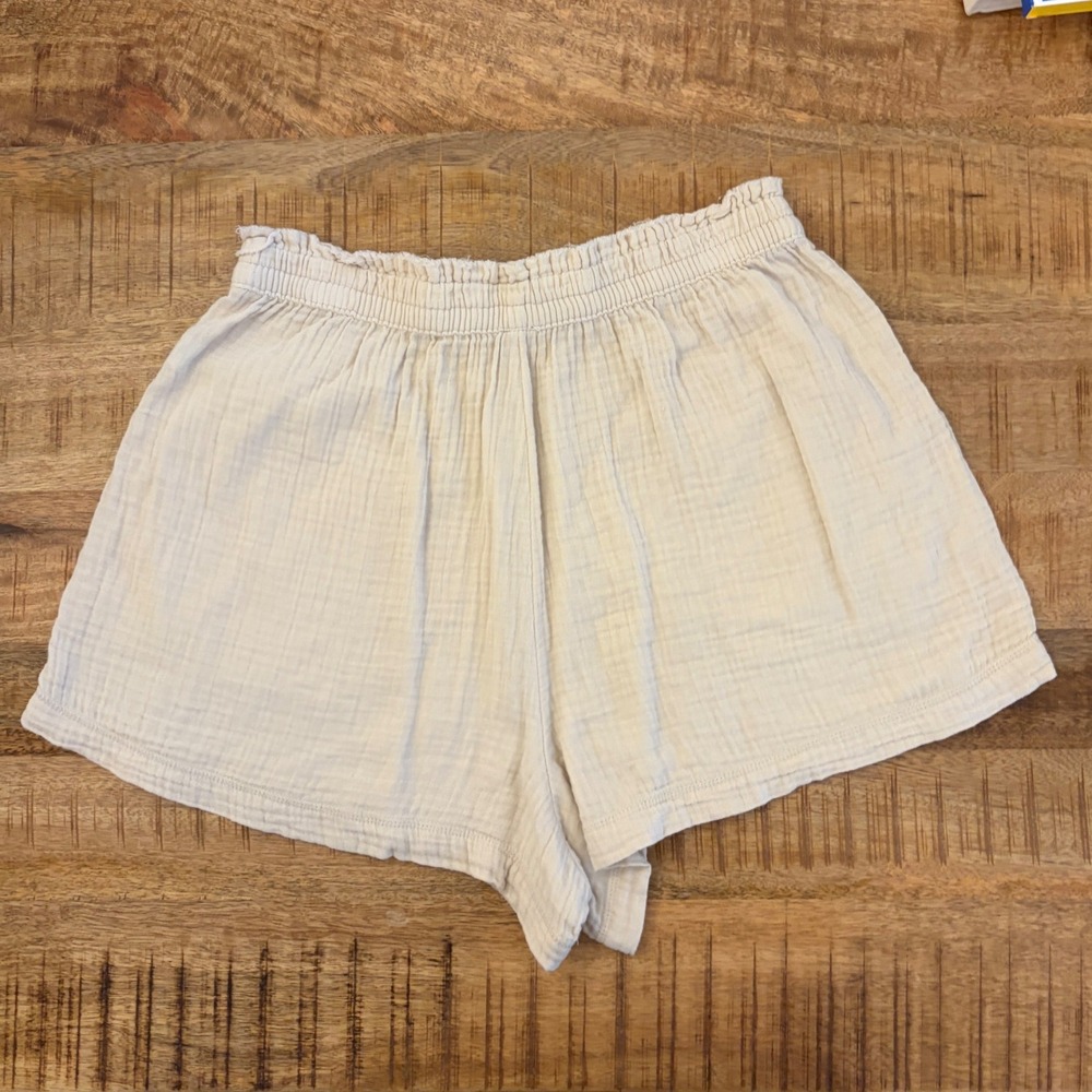 Aerie Cotton Gauze Shorts L Pull On Boho Coastal Raw Edge Beige Beach Vacation - Picture 2 of 9
